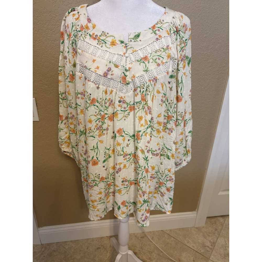 Rose And Olive Cream Floral Lace Yoke Boho Peasant Top, 1x